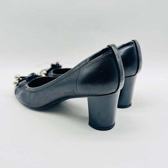 Stuart Weitzman Shoes Womens 7 Black Leather Pump Bow Cap Toe Kitten Chunky Heel - Picture 5 of 9